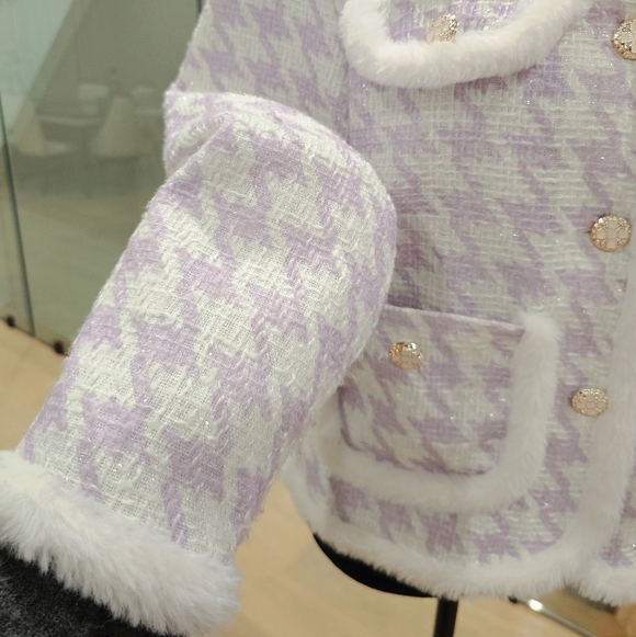 Tweed Blazer White Lilac Faux-Fur Trim Jacket - Picture 5 of 9